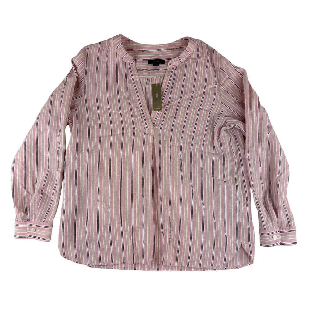 J.Crew Split-Neck Tunic Womens Medium Pink Striped Cotton Long Sleeve BJ529 NWT‎